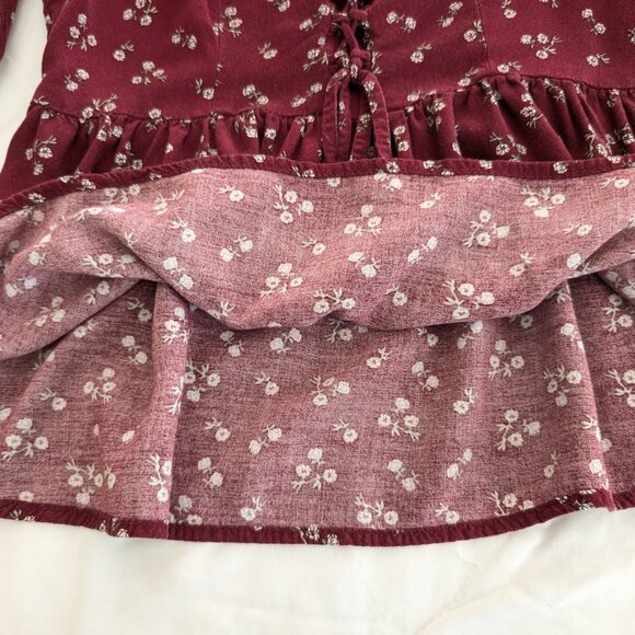 AEROPOSTALE Top Women's S Burgundy Floral Corset Babydoll Pullover Long Sleeve - Picture 9 of 16